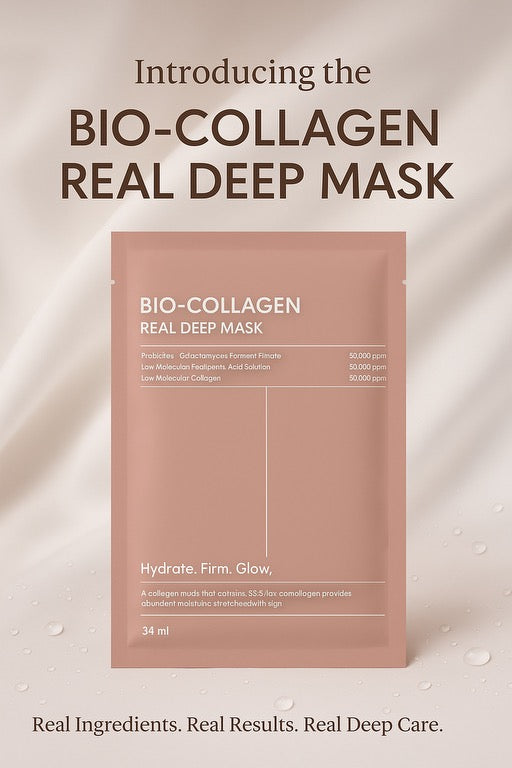 Bio-Collagen Real Deep Mask packaging on a beige background
